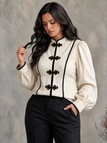 Ceyna Plus Contrast Binding Frog Button Front Blouse Fall Formal Office Brunch Party Black And White Elegant 1950s Vintage - Beige - View 7