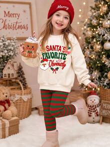 100% Santa's Favorite Obviously Santa's Favorite Little Helper 女孩聖誕搖粒絨運動衫與刷毛布料內搭褲套裝，舒適氛圍節慶派對穿搭 - 彩色 - 查看 3