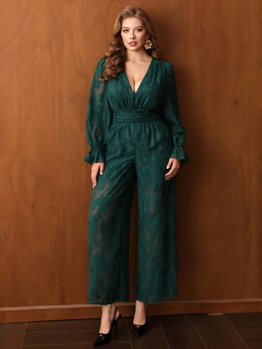 Roveilla Plus Size Women's Casual Minimalist Woven Cut-Out Textured Wide Leg Jumpsuit For Commuting, Outings And Dates - Dark Green - View 1