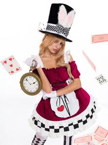 ROMWE Anime 萬聖節 Cosplay 愛麗絲露肩細肩帶拼色格紋女款迷你洋裝 - 酒紅色 - 查看 1