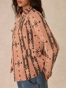 Easelle Vintage Bohemian Jacquard Embroidered Design Loose Women's Jacket - Pink - View 4