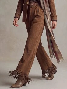 LUMIGAL Women's Tassel Design Casual Daily Wear Long Pants - Brown - View 6