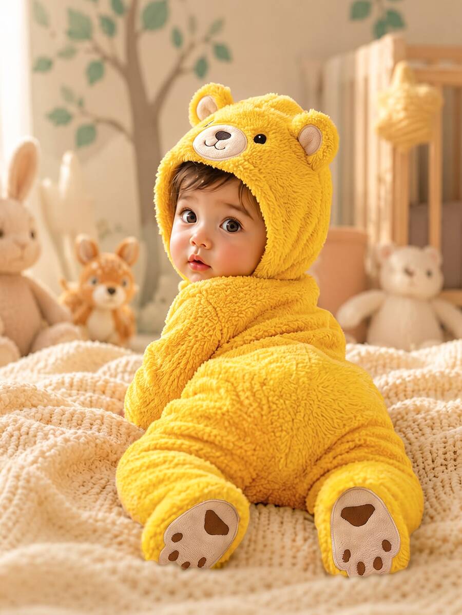 SHEIN Newborn Baby Girl Cute Autumn/Winter Yellow Cartoon Pattern Hooded Jumpsuit - Yellow - View 1