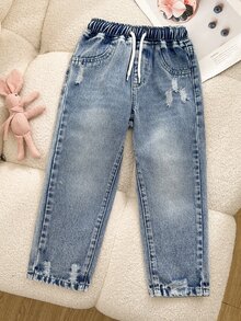 SHEIN 女童街頭風戶外百搭熱銷美式休閒百搭極簡水洗錐腳牛仔長褲 2025 全季新款適合日常穿著 - 中等水洗藍 - 查看 3