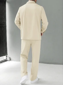 Manfinity Homme 男士休閒時尚寬鬆長袖夾克套裝，外出必備，送給家人與朋友的完美禮物，男士兩件套搭配裝，棕色 - 杏色 - 查看 2
