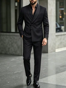 Manfinity Bizformal بدلة رجالية بلون موحد مع جاكيت بأكمام طويلة وبنطلون، مناسبة للزفاف والحفلات وحفلات التخرج والاجتماعات التجارية - الأسود - مشاهدة 1