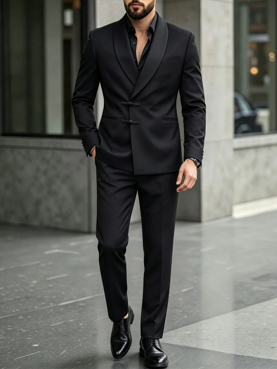 Manfinity Bizformal بدلة رجالية بلون موحد مع جاكيت بأكمام طويلة وبنطلون، مناسبة للزفاف والحفلات وحفلات التخرج والاجتماعات التجارية - الأسود - مشاهدة 1