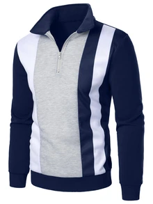 Manfinity Homme Men's Striped Long Sleeve Pullover Sweatshirt With Zipper Placket - Multicolor - View 1