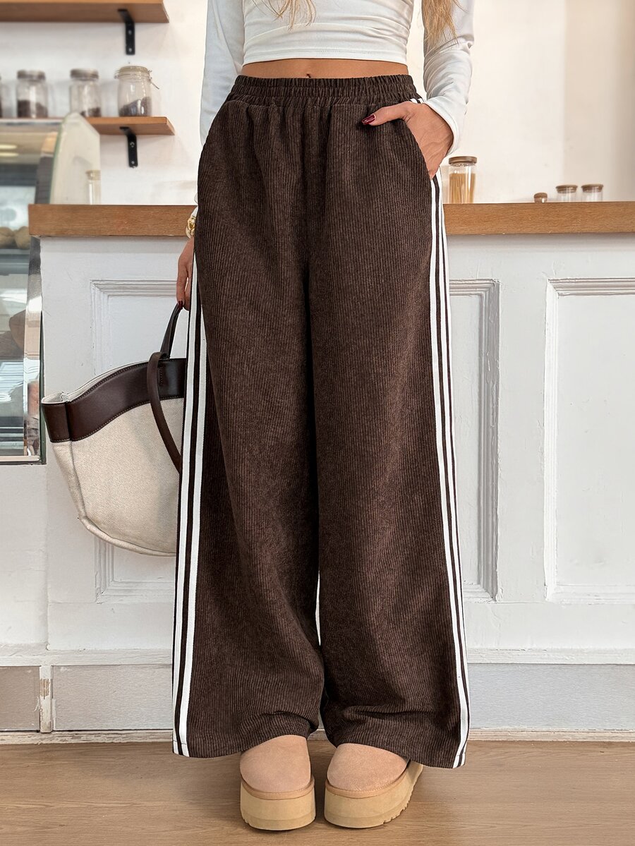 Easowa Women's Striped Colorblock Pocket Loose Casual Long Pants - Brown - View 1