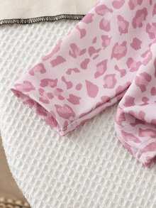 女嬰豹紋 Polo 寬腿褲 2 件套，米色鬆緊腰帶，適合郊區出遊、購物及其他場合，春秋冬季穿著 - 粉色 - 查看 8