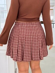 GalTyme Plus Size Casual Commute Plaid Pleated Skirt - Red and White - View 2