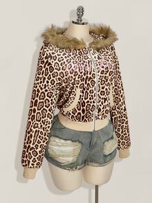 SHEIN ICON Plus Size Women's Plush Patchwork Leopard Print Casual Daily Sweatshirt - Multicolor - View 6