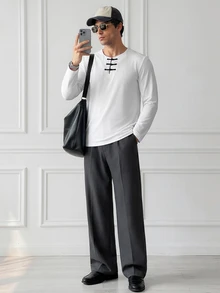 HUEFORM Spring/Autumn New Chinese Style Classic Long Sleeve Crew Neck T-Shirt, Vintage Modified Frog Button Design Base Layer, Men's Casual Solid Color Minimalist Inner Top - White - View 3