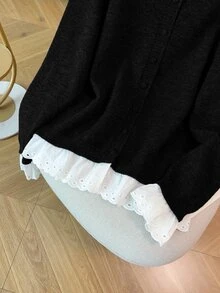 GlowEve CURVE Plus Size Women's Casual Dressy Traditional Lace Patchwork Ruffle Long Sleeve Button Round Neck Knit Cardigan Office Formal Formal Grey Autumn Winter - Black - View 6