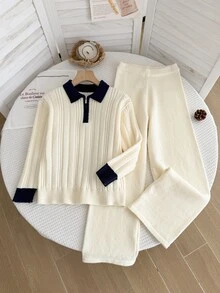 Bộ áo len tay dài cổ bẻ phối màu và quần dệt kim cho bé gái tuổi teen - Màu be - Xem 6
