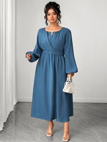 SHEIN Elenzya 大尺碼串珠裝飾交叉細肩帶洋裝 - 藍色 - 查看 4