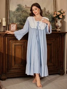 PalaceNights Royal Style Heavy Embroidery Plus Size Robe + Camisole Dress 2pcs Set - Baby Blue - View 7