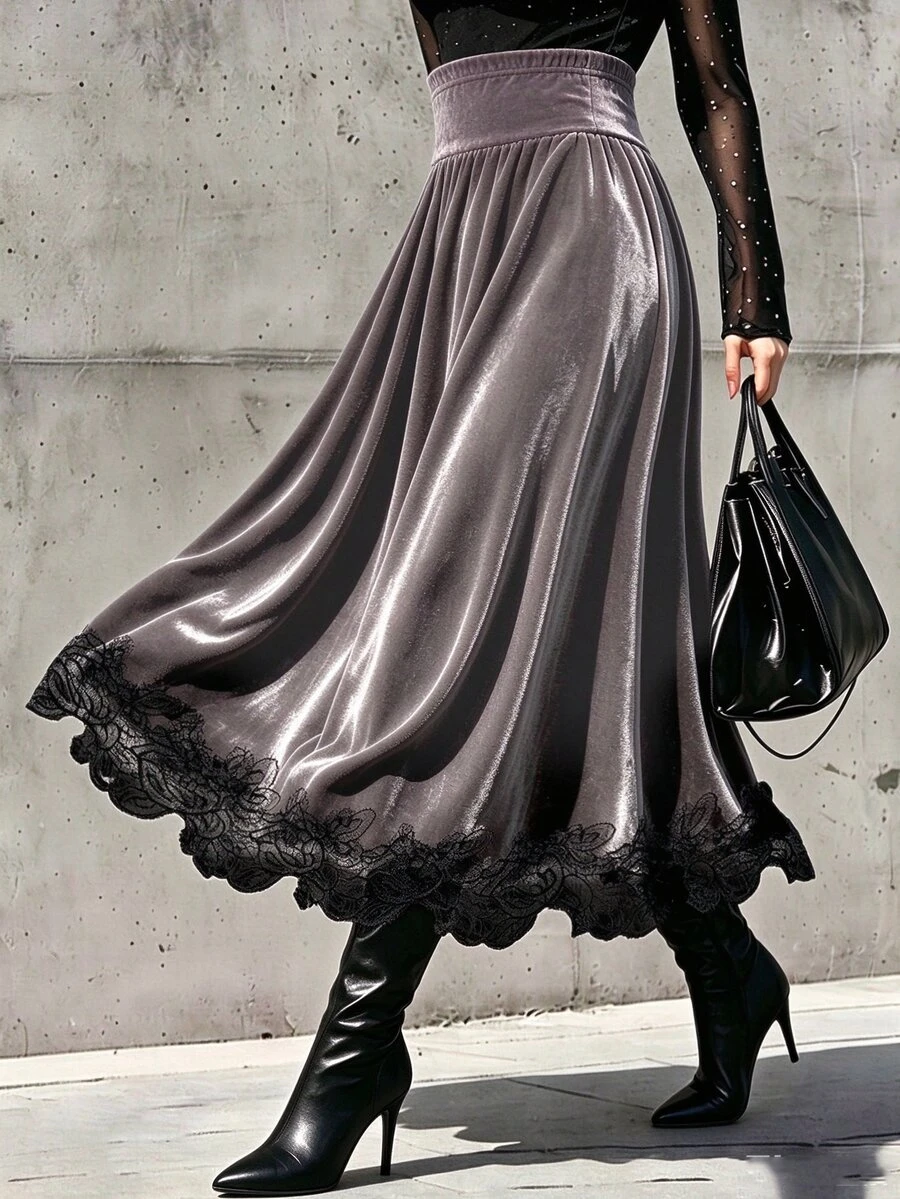 Velvienne Plus Size Velvet Solid Color Lace Trim A-Line Skirt For Women, Autumn/Winter - Dusty Purple - View 1