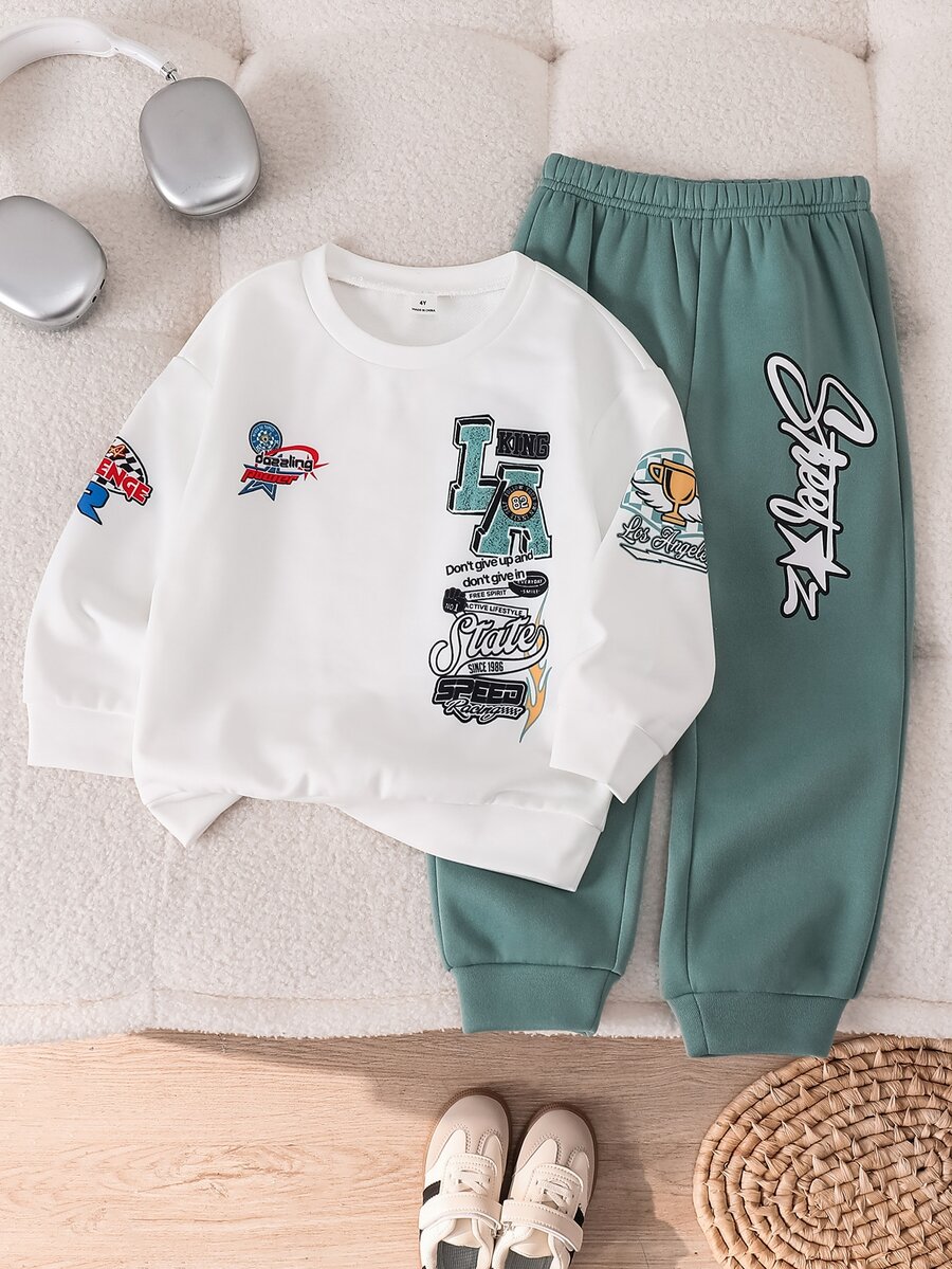 SHEIN Young Boy Letter Print Long Sleeve Sweatshirt And Pants Casual Set - Multicolor - View 1