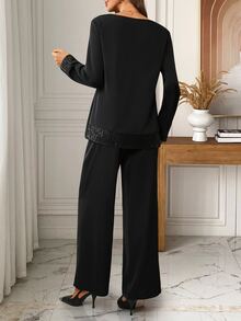 EMERY ROSE Women's Solid Color Round Neck Long Sleeve Sequin Patchwork Blouse And Wide Leg Pants Elegant 2 Pieces Set - Black - View 2