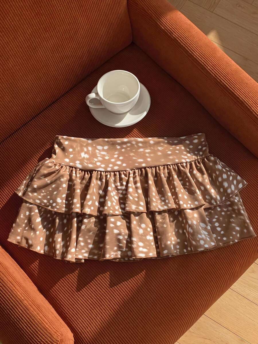 SHEIN EZwear 休閒極簡女款雙層波浪下擺 A 字百褶荷葉邊鹿紋裙，適合日常通勤、約會、聚會，秋季裙，適用秋冬夏季、聖誕節、新年、感恩節、派對 - 彩色 - 查看 1