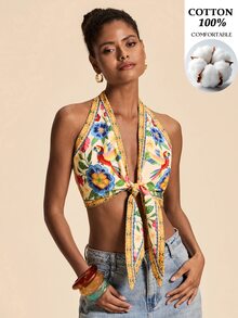 Travachic 女款花卉鸚鵡印花前結性感短版掛脖上衣，度假穿搭 - 彩色 - 查看 5
