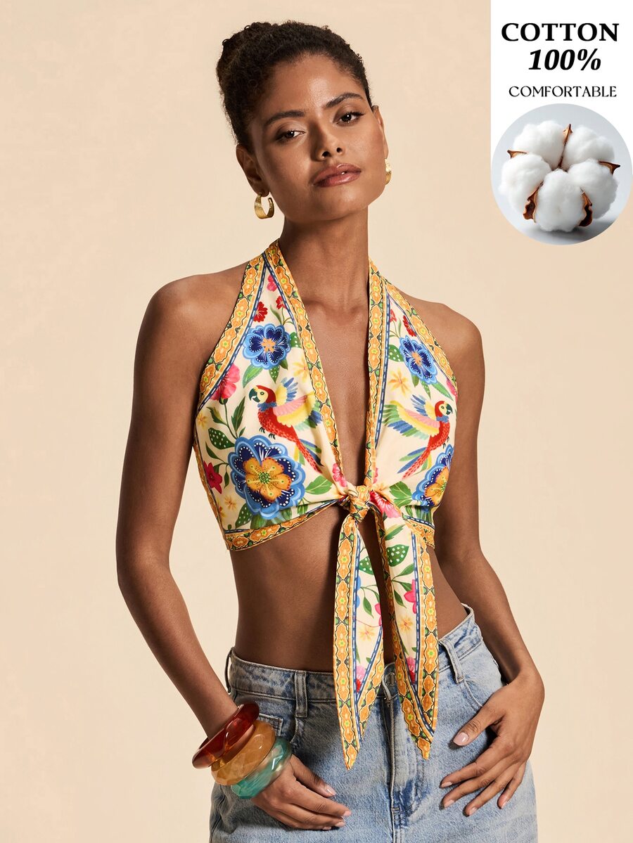 Travachic 女款花卉鸚鵡印花前綁結性感熱帶波希米亞短版掛脖上衣,適合度假海灘,奶油色夏季款 - 彩色 - 查看 1