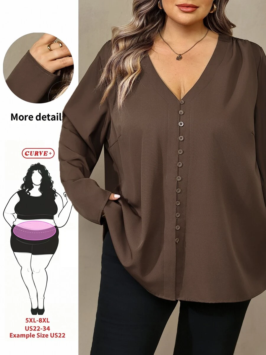 SHEIN CURVE+ ملابس علوية نسائي مقاس كبير بلون موحد بياقة على شكل حرف V وأكمام طويلة وتصميم أزرار، ملابس علوية للخروجات اليومية والتنقل في الخريف/الشتاء، 5XL-8XL - بني - مشاهدة 1