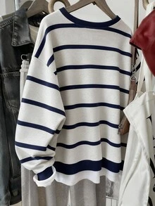 SHEIN 青少年女孩美式風圓領運動衫 海軍藍條紋印花，舒適冬季女孩套裝，冬季長袖上衣，舒適冬季運動衫，淺麻灰色 - 彩色 - 查看 2