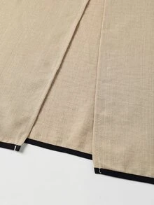 Linhara CURVE Plus Size Oatmeal Color Contrast Trim V-Neck Linen-Like Midi Dress, Raglan Puff Cuffed Long Sleeves, Crisp Black Contrast Stitching Outlining Silhouette, Solid Color Minimalist Elegant Style, Suitable For Spring Summer Autumn Commute, Short Trip Vacation, Light Business Gathering, Flattering Slimming Dress For Curvy Women - Khaki - View 7