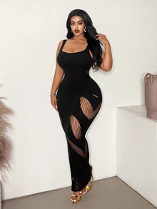 Maweii Plus Size Women's Solid Color Hollow Design Sleeveless Fitted Sexy Dress - Black - View 3