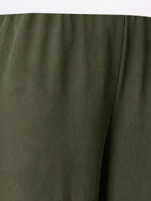 SHEIN CURVE+ 大尺碼女款純色抽繩腰寬腿寬鬆長褲 秋季 - 軍綠色 - 查看 5