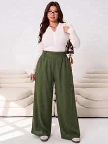 SHEIN CURVE+ 大尺碼女款純色抽繩腰寬腿寬鬆長褲 秋季 - 軍綠色 - 查看 3