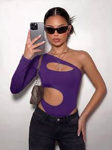 SHEIN ICON 春夏女款黑色哥德風頹廢風性感純色不對稱剪裁緊身連身衣 - 紫色 - 查看 4