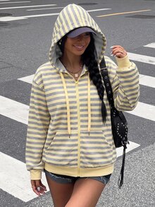Muchica 奶油黃條紋連帽衛衣長袖寬鬆女款，秋冬風格，適合日常通勤、約會、派對、秋冬、夏季、派對、婚禮、海灘、畢業典禮等場合，優雅休閒，適合外出、Y2K風格、音樂節等場景 - 鵝黃色 - 查看 4