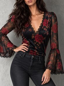 LUMIGAL Vintage Elegant V-Neck Printed Velvet Bell Sleeve Lace Trim Patchwork Fitted T-Shirt - Black - View 5