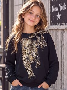 SHEIN Tween女孩連帽抽繩黑白波點字母印花前開襟拉鍊運動衫 - 黑色 - 查看 2