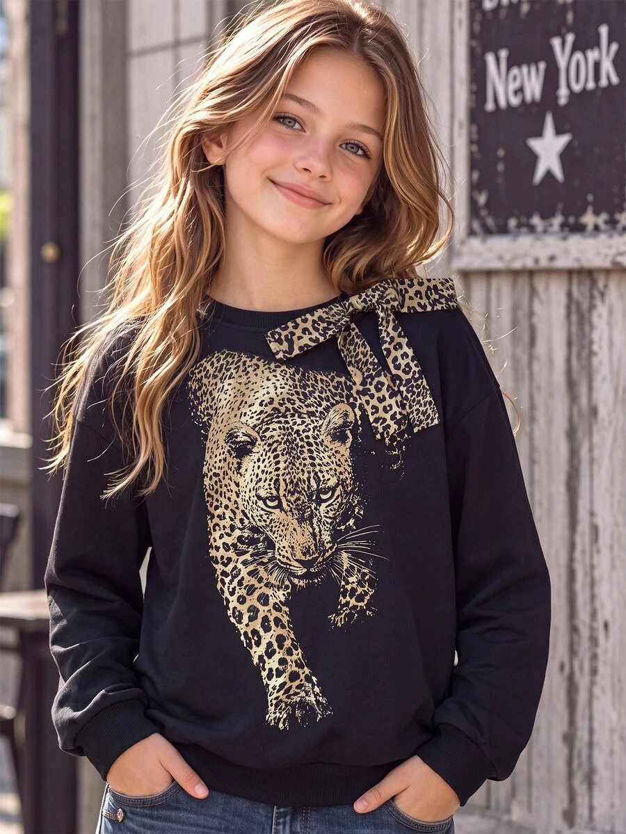 SHEIN Sweatshirt Anak Perempuan Remaja Berkerudung dengan Tali Serut, Motif Polkadot Hitam Putih, Cetakan Huruf, dan Resleting Depan - Hitam - View 1
