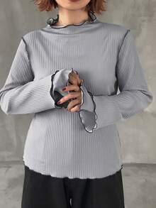 Dazy Plus Färgblockad t-shirt med mockhals, långa ärmar, ribbad textur, patchworkdesign, lös, avslappnad och mångsidig, höst/vinter - Grå - Visa 4