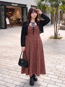 Bijouette 大尺碼女款秋季休閒復古80年代純色短版上衣與黑白格紋細肩帶洋裝2件組，約會早午餐派對秋季棕色 - 杏色 - 查看 1