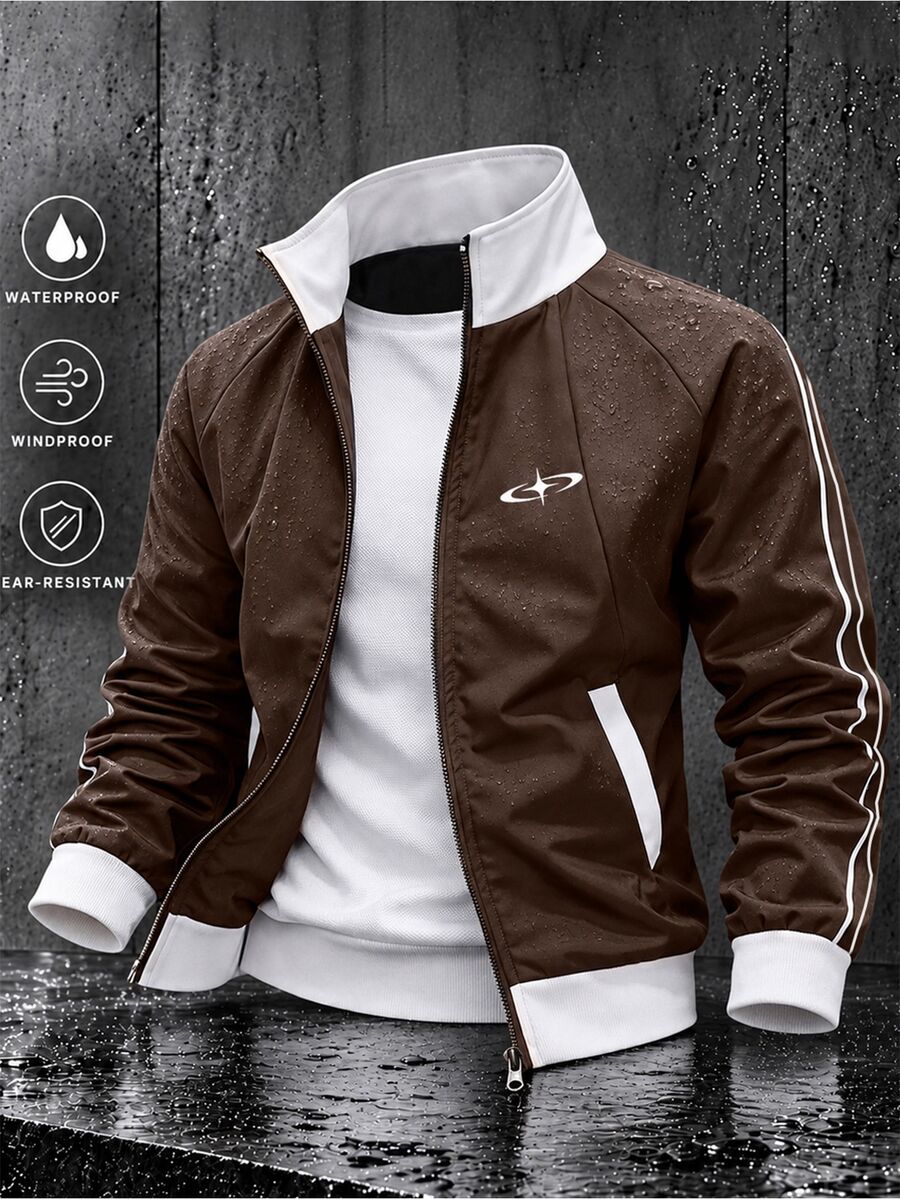 Gym Rark Men's Striped Stand Collar Sports Jacket, Lightweight Zip-Up Top, Slim Fit, Vintage Athletic Casual Outerwear For Spring And Autumn - Coffee Brown - View 1