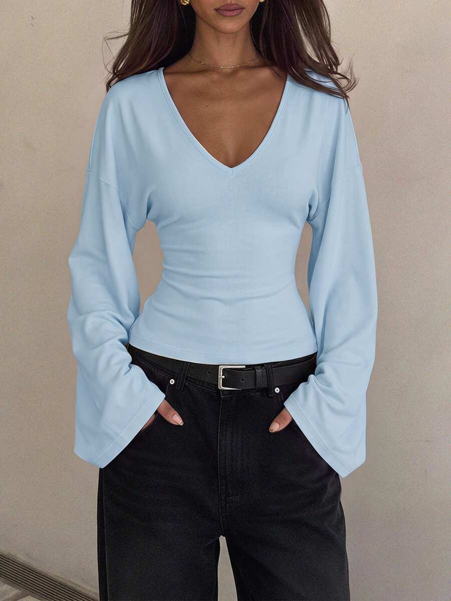 SHEIN Tall 女款休閒百搭純色喇叭袖上衣 - 淺藍色 - 查看 1