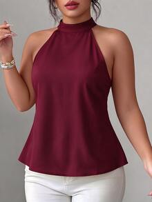 Elenzga Plus Size Women's Solid Color Back Contrast Lace Elegant Halter Neck Blouse - Burgundy - View 2