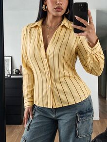 POPSWAY Camisa de talla grande con estampado de rayas y botones delanteros - Amarillo - Ver 4