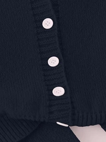SHEIN 2件組少女毛衣套裝，柔軟保暖奶油黃百搭V領連帽單排扣開襟衫搭配同款直筒毛衣長褲，甜美可愛風，適中厚度，整齊下擺，貼身袖口，親膚柔軟，亮麗顯色，適合日常休閒、上學、旅行、聚會等多種場合，秋冬必備 - 藏蓝色 - 查看 5