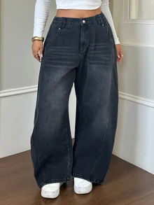 Dazy Plus American Style Loose Curved Leg Denim Jeans, Vintage Washed Wide Leg Casual Long Pants - Black - View 8