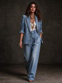 SHEIN سترة نسائية فرنسية عتيقة زرقاء رومانسية بياقة مكشكشة، تصميم أكمام مكشكشة بزر واحد، مناسبة للتنقل والشارع والمواعيد والأعمال والحفلات والعطلات، أسلوب بوهيمي عتيق للخريف/الشتاء - الأزرق - مشاهدة 2