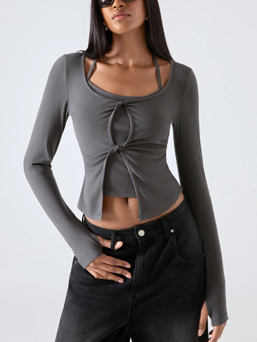 LYSMO Women's Solid Color Twisted Halter Neck Long Sleeve 2 In 1 T-Shirt With Split Hem - Grey - View 1