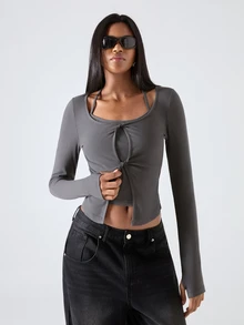 LYSMO Women's Solid Color Twisted Halter Neck Long Sleeve 2 In 1 T-Shirt With Split Hem - Grey - View 6