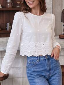 Cévolie Women's White Pure Cotton Floral Embroidered Pattern Round Neck Lantern Sleeve Short Blouse With Back Tie Design, Solid Color Minimalist Casual Versatile, Suitable For Daily Wear - White - View 6